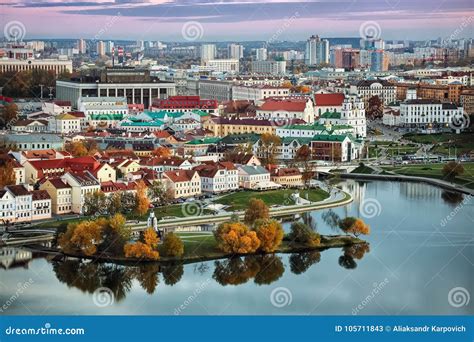 Panoramic View Of The Historical Center Of Minsk Belarus Sunset Stock