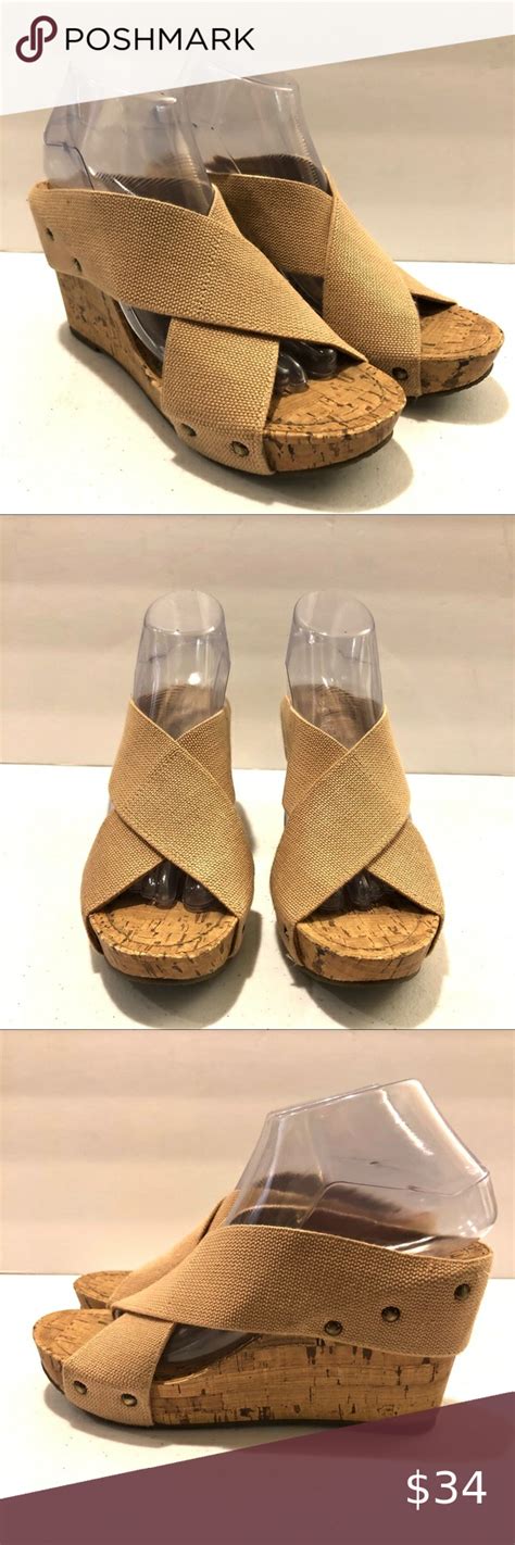 Esprit Cork Wedge Sandal Criss Cross Tan With Rivet Detailing Size 8