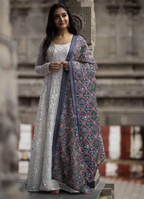 Buy Faux Georgette Chanderi Print Dresses And Gown With U Neck And Full