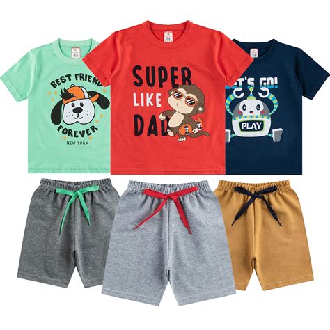 Kit Conjunto Infantil Menino Camisetas Bermudas Ao