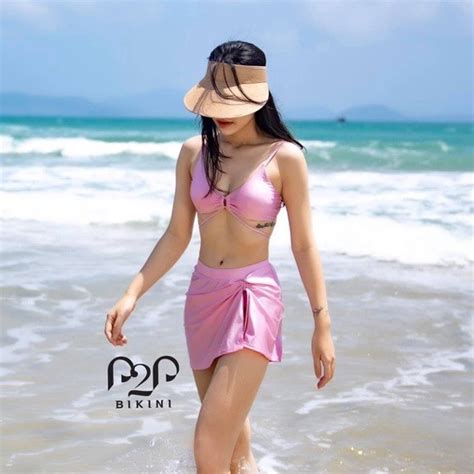 Bikini mảnh tam giác cột dây kèm váy hồng nhạt P P Bikini Thương hiệu đồ bơi nữ đồ bơi