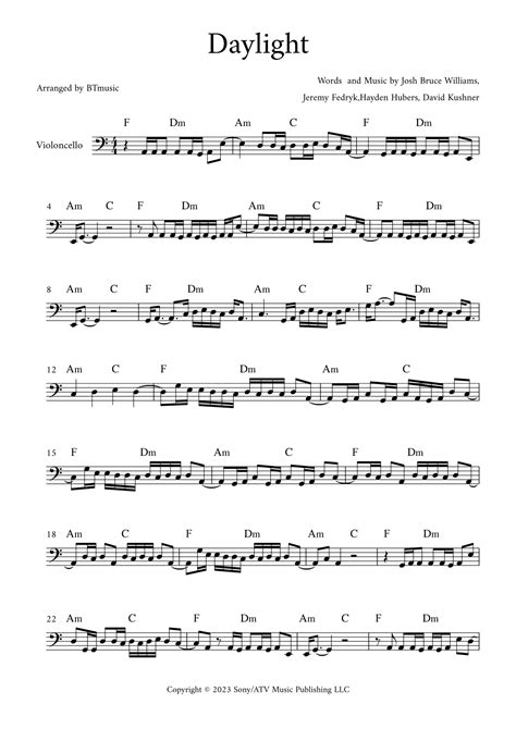 Daylight Arr BTmusic By David Kushner Sheet Music For Cello Solo At