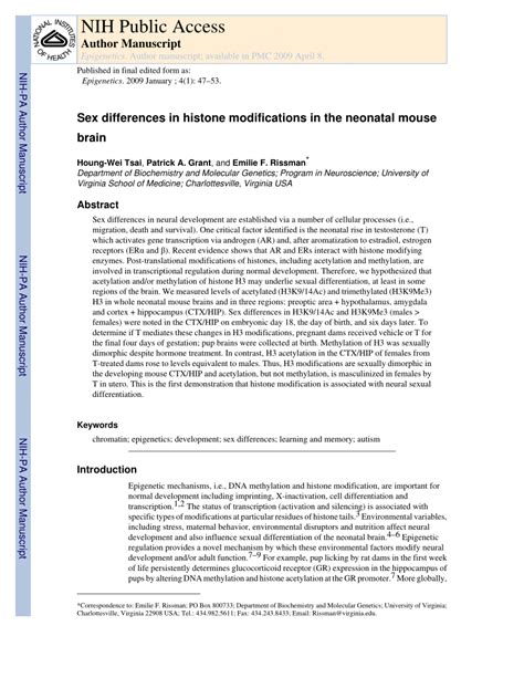 Pdf Sex Differences In Histone Modifications In The Neonatal Mouse Brain