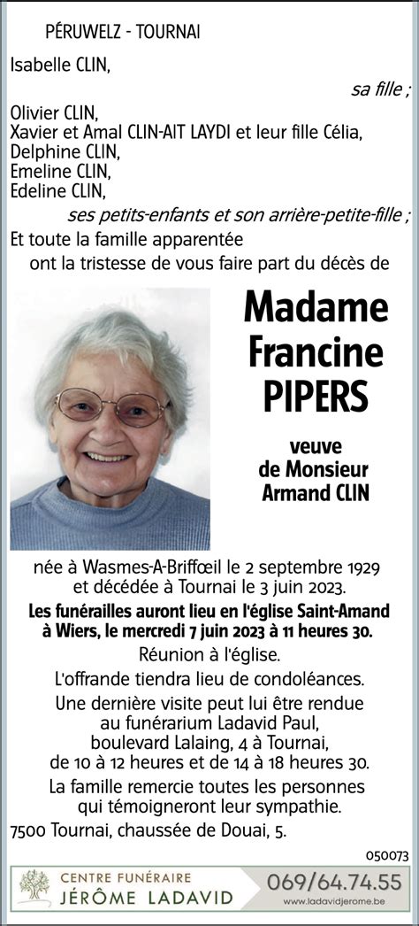 Avis de décès de Francine PIPERS décédé le 03 06 2023 à Tournai