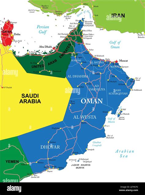 Mapa vectorial muy detallado de Omán con regiones administrativas