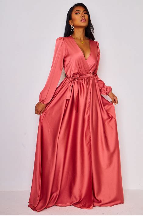 Robe Longue Rose Satiné Ceinturée Brentiny Paris