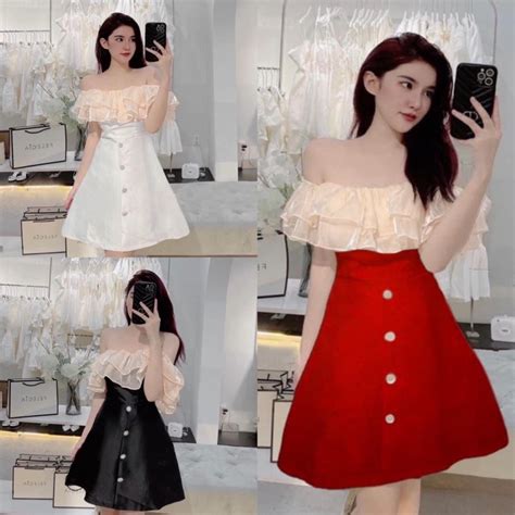 Oganza Nude Shoulder Flat Party Dress With Button Coordination Shopee Malaysia