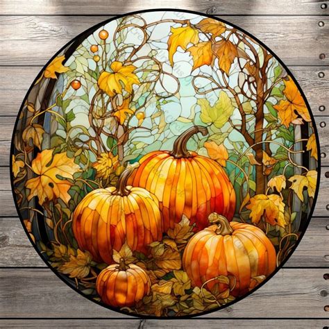 Fall Pumpkins And Leaves Stained Glass Print Round UV Coated Metal