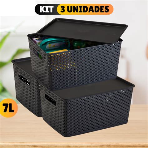 Kit Cesto Caixa Organizadora Rattan Tampa Litros Preto