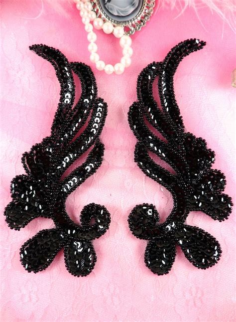 Black Mirror Pair Sequin Beaded Appliques