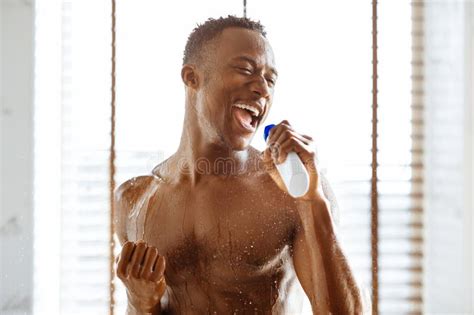 Naked Black Guy Relaxing Taking Shower Standing Bathroom Indoors Stock Photos Free Royalty