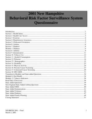 Fillable Online Dhhs Nh 2001 New Hampshire Behavioral Risk Factor