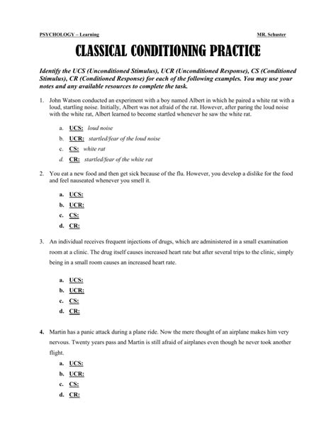 Classical Conditioning Practice Worksheet