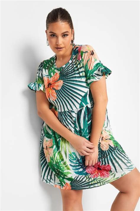 YOURS Curve Green Tropical Floral Print Smock Tunic Dress | Yours Clothing