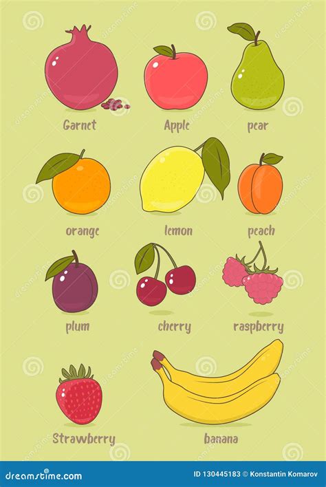 Healthy Food Fruits and Berries Icons Set. Education Cards for Kids ...