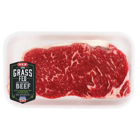 H E B Grass Fed Beef Loin New York Strip Steak Boneless Thick Usda