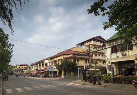 Old French Colonial Architecture In Kampot Town Street Cambodia