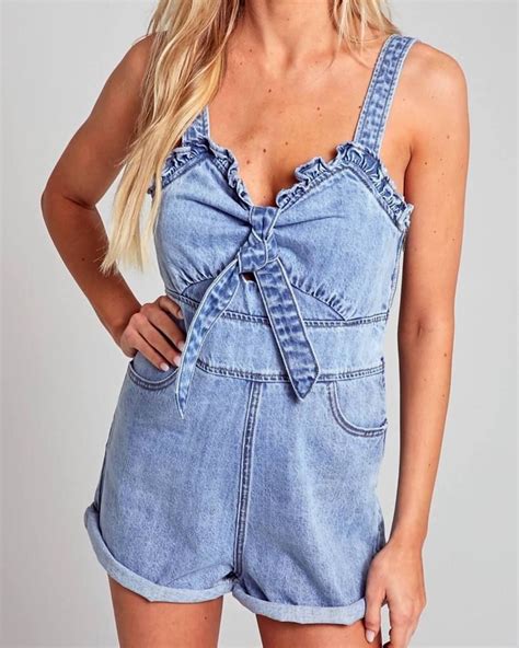 Denim Bow Tie Sleeveless Jumpsuit Romper With Pockets Light Denim