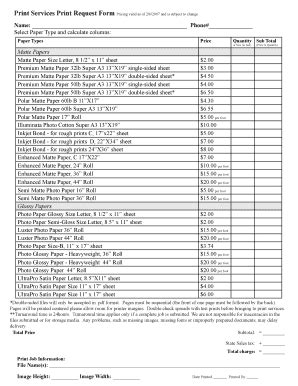 Fillable Online Print Services Print Request Form Pricing Valid As Of 2