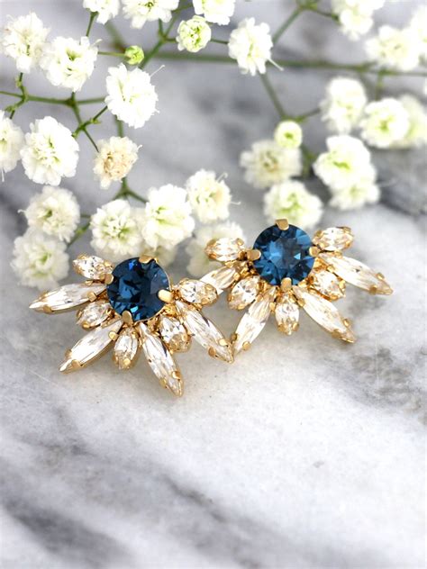 Blue Navy Earrings Bridal Blue Earrings Swarovski Dark Blue Etsy