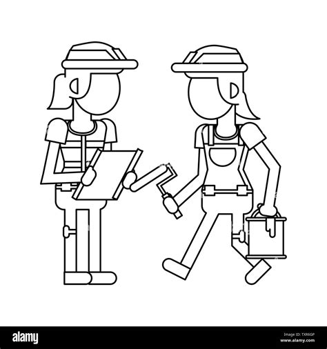 Construction Workers With Tools Cartoons In Black And White Faceless