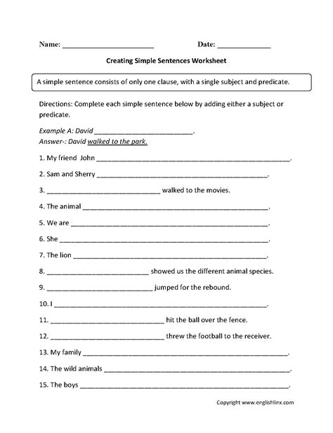 Simple Sentence Structure Worksheets