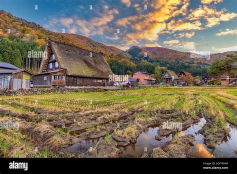 Shirakawago village Gifu Japan, Sunrise at Shirakawa village in autumn ...