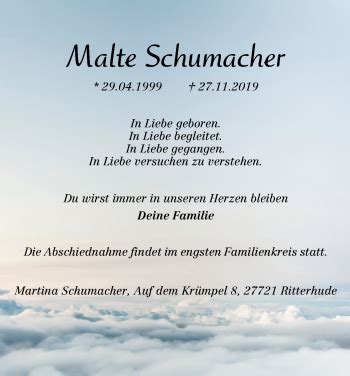 Traueranzeigen Von Malte Schumacher Trauer Gedenken