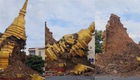 Diterjang Hujan Lebat Pagoda Berumur Tahun Miring Sampai Roboh