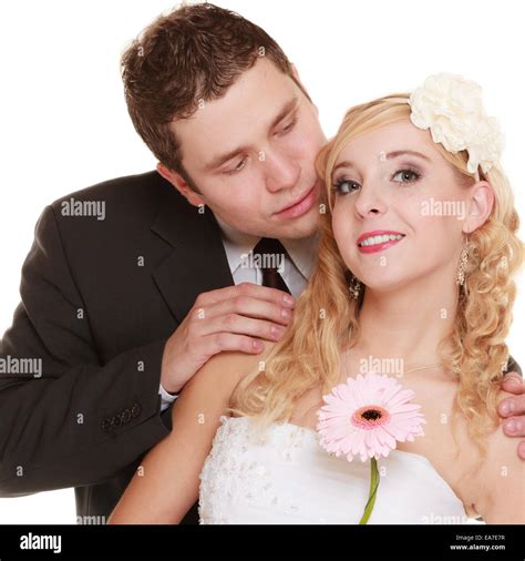 Wedding Day Portrait Of Happy Bride And Groom Couple Isolated On White