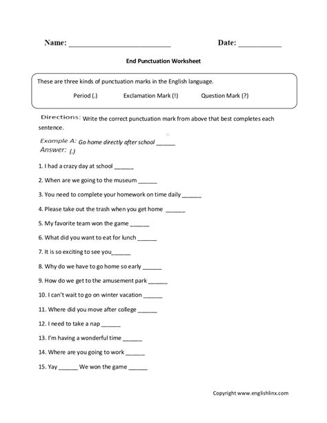 Punctuation Worksheet 10 Examples Format Pdf