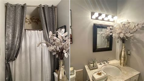 Two Pictures Of A Bathroom With Flowers In The Sink And Mirror On The