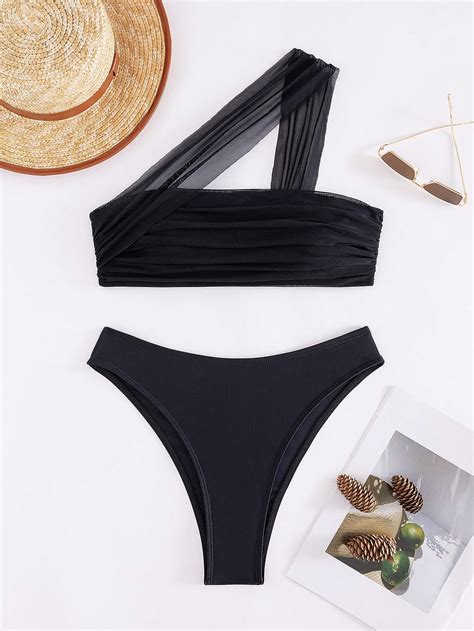 Conjunto De Bikini Sexy De Rejilla Con Hombros Descubiertos Para Mujer