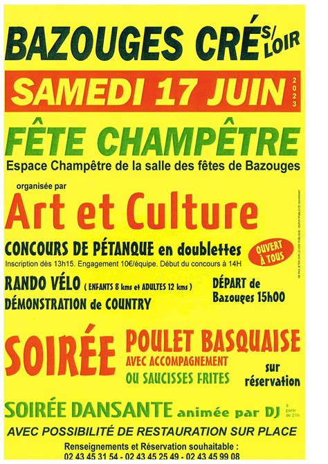 Samedi 17 juin 2023 Fête champêtre Bazouges Cré sur Loir