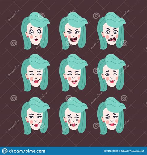 Set Of Woman S Emotions Facial Expression Girl Avatar Illustration