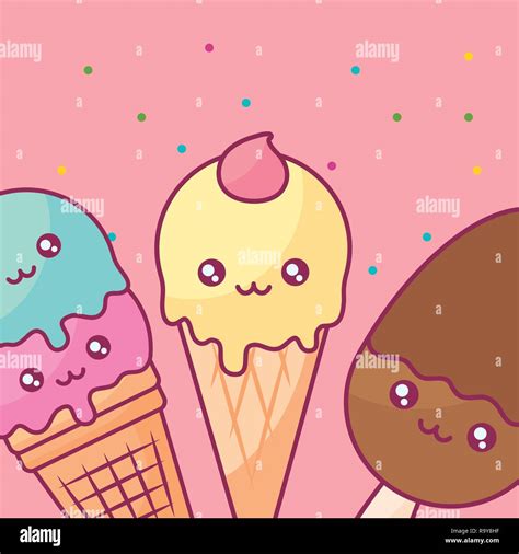 Cute Ice Creams Kawaii Characters Vector Illustration Design Stock