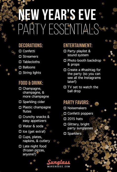 The New Year S Eve Party Essentials List With Gold Confetti On It