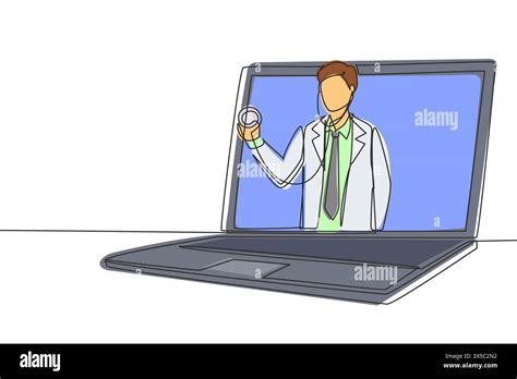 Single Continuous Line Drawing Male Doctor Comes Out Of Laptop Screen