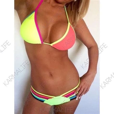 Neon Bandage Bikini Bright Color Multicolor Sexy Triangle Swimsuit Beachwear Swimwear
