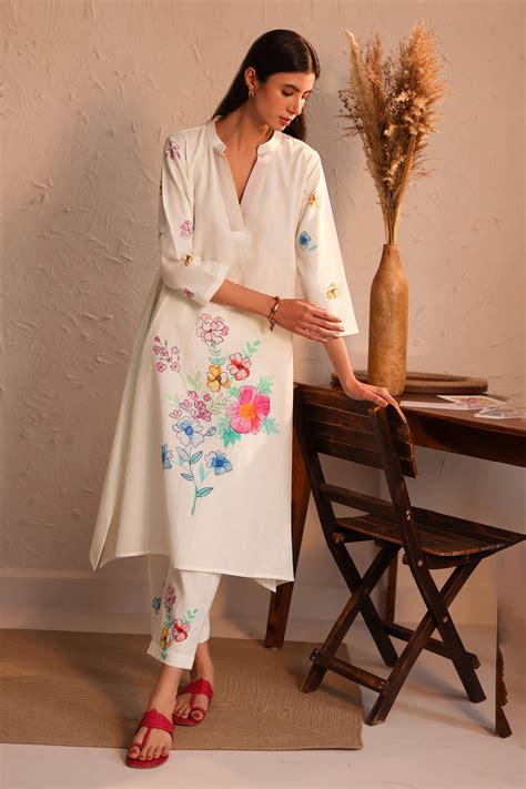 Buy Ivory Linen Print Floral Notched V Sorbet Pattern Kurta With Pant