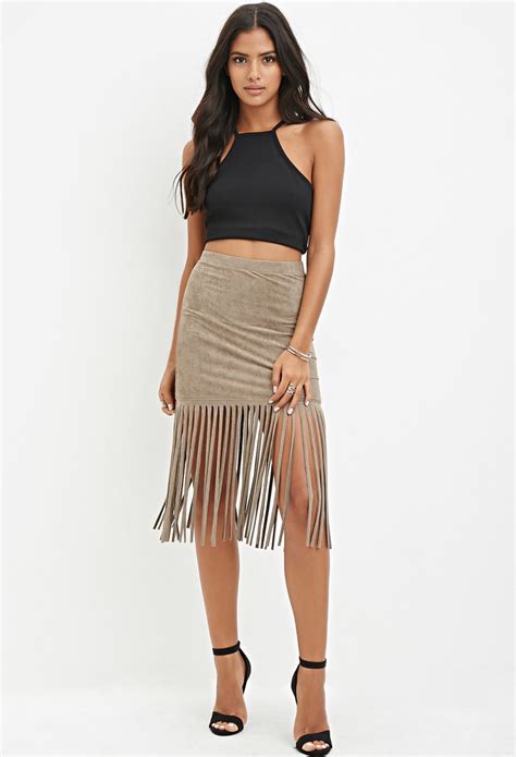 Forever Faux Suede Fringe Skirt In Brown Cocoa Lyst