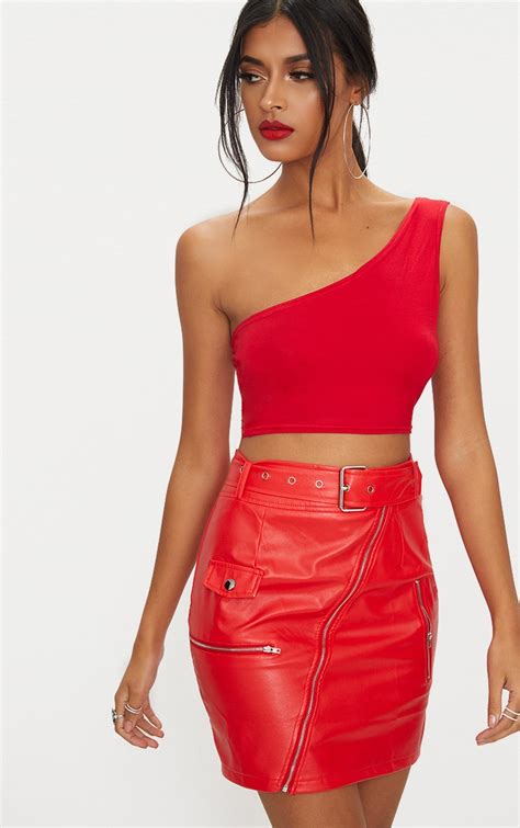 Basic Red Jersey One Shoulder Crop Top Tops Prettylittlething Usa