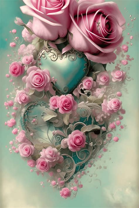 Beautiful Shabby Chic Pink Roses And Teal Flowers And Leaves Background