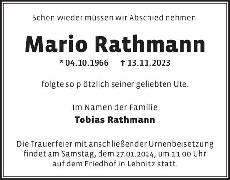 Traueranzeigen Von Mario Rathmann M Rkische Onlinezeitung Trauerportal