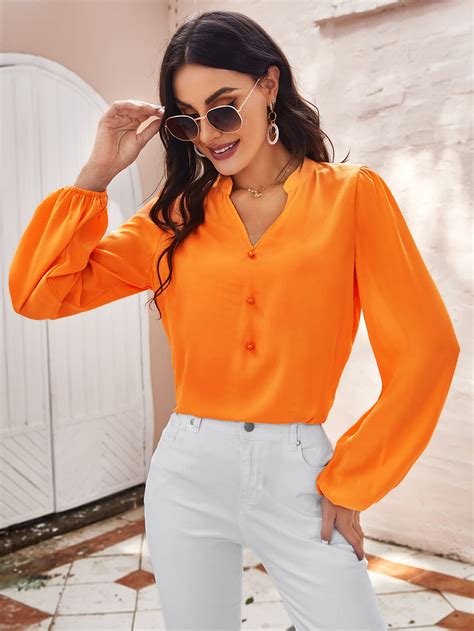 Shein Neon Orange Notch Neck Lantern Sleeve Top Orange Top Outfit
