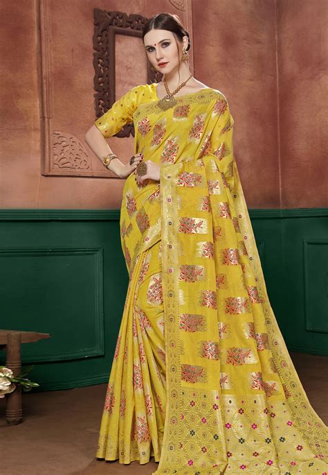 Yellow Banarasi Cotton Silk Festival Wear Saree