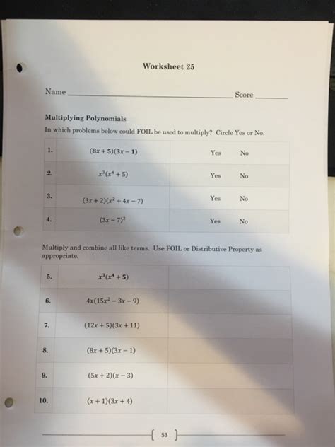 Solved Worksheet 25 Name Score Multiplying Polynomials In Worksheets Library