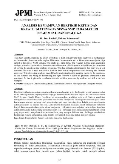 Analisis Kemampuan Berpikir Kritis Dan Kreatif Matematis Siswa Smp Pada Materi Segiempat Dan