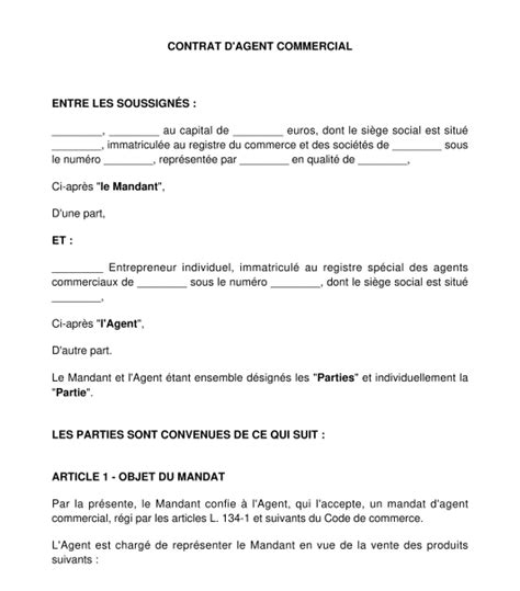 Contrat Dagent Commercial Modèle Word Et Pdf