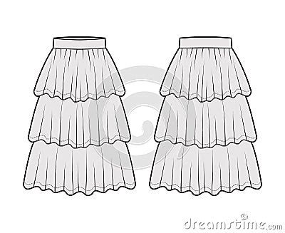 Skirt Layered Ruffle Tiared Flounce Technical Fashion Illustration With